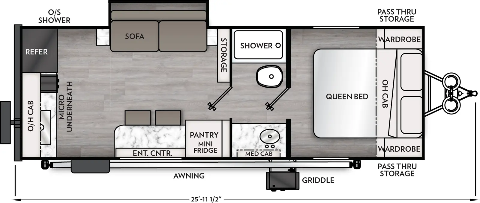 The Apex Nano 216RKS floorplan has one entry and one slide out. Exterior features include: fiberglass exterior. Interiors features include: rear kitchen, front bedroom and pass through bathroom.